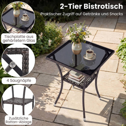 3-teiliges Rattan-Loungeset mit Kissen und Glastisch