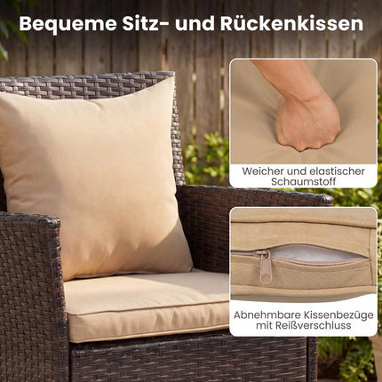 3-teiliges Rattan-Loungeset mit Kissen und Glastisch