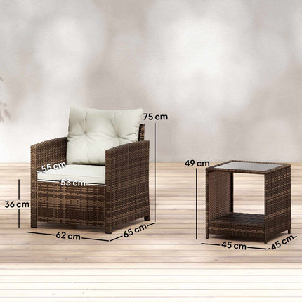 3-teiliges Rattan-Loungeset mit Auflagen und Glastisch