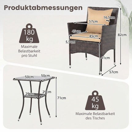 3-teiliges Rattan-Loungeset mit Kissen und Glastisch