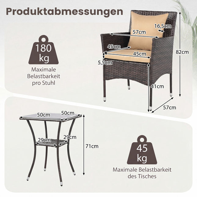 3-teiliges Rattan-Loungeset mit Kissen und Glastisch