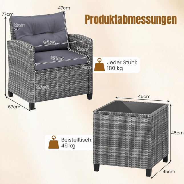 3-teilige Rattan-Terrassengarnitur mit Auflagen und Glastisch