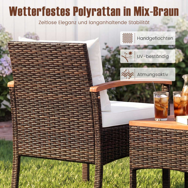 3-teiliges Rattan-Loungeset mit Kissen und Beistelltisch