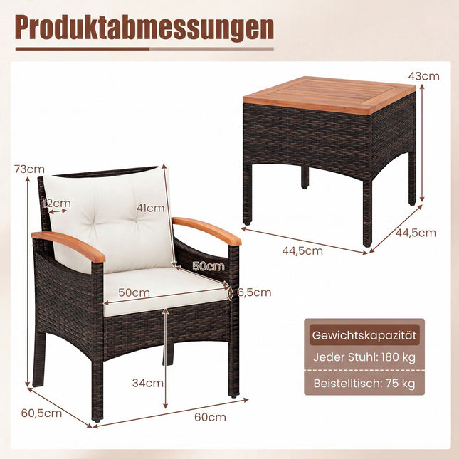 3-teiliges Rattan-Loungeset mit Kissen und Beistelltisch