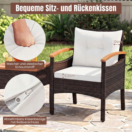 3-teiliges Rattan-Loungeset mit Kissen und Beistelltisch