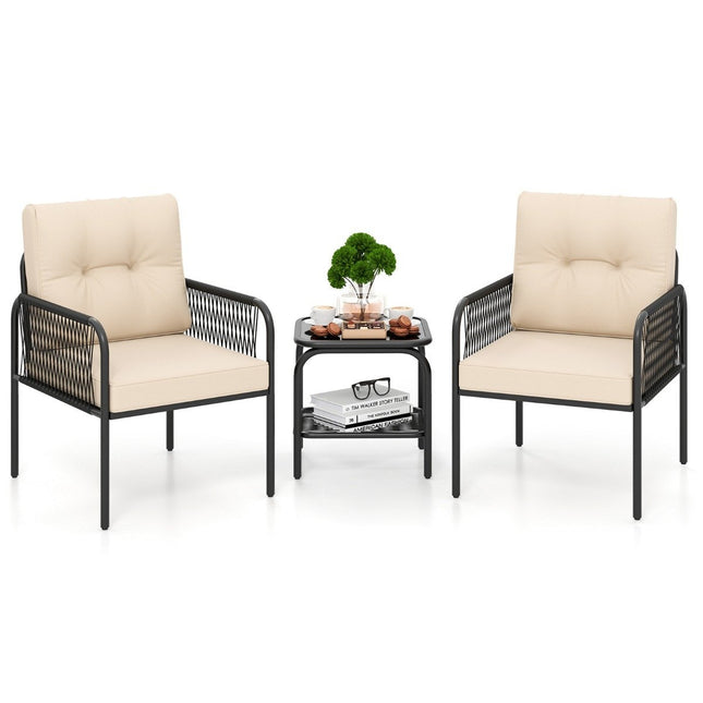 3-teiliges Rattan-Loungeset mit Kissen und Tisch