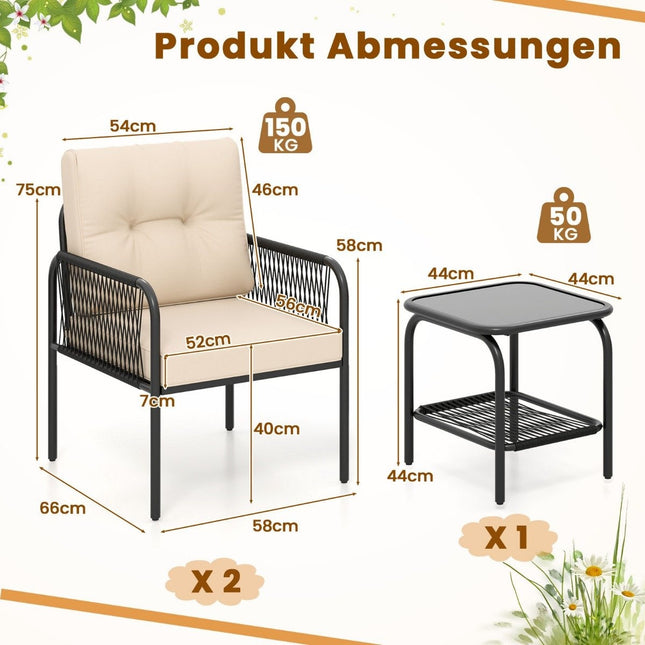 3-teiliges Rattan-Loungeset mit Kissen und Tisch