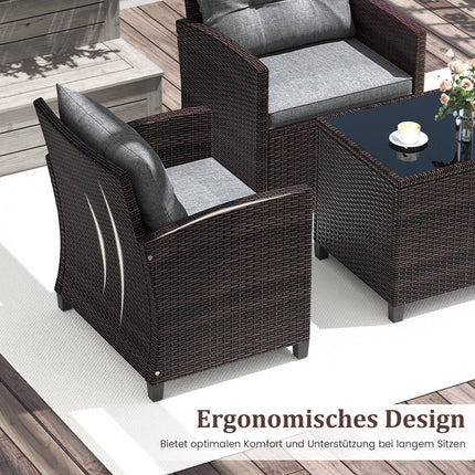 3-teilige Rattan-Gartensitzgruppe mit Kissen und Tisch