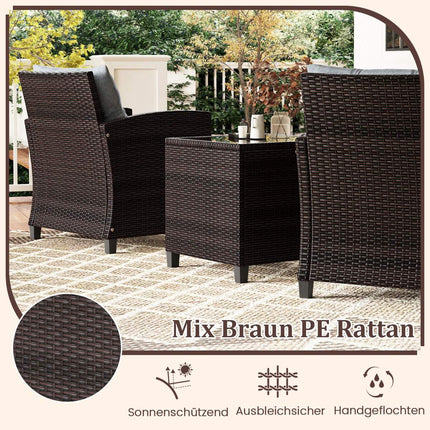 3-teilige Rattan-Gartensitzgruppe mit Kissen und Tisch
