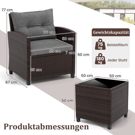 3-teilige Rattan-Gartensitzgruppe mit Kissen und Tisch