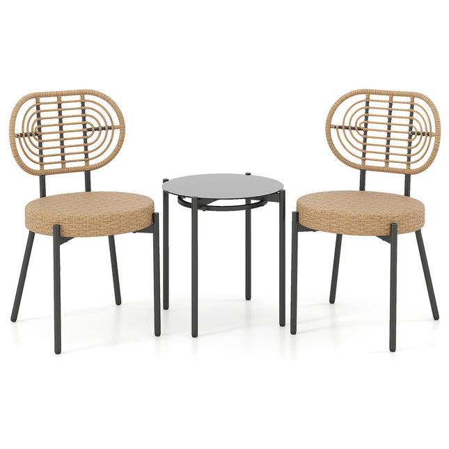 3-teilige Rattan-Gartengarnitur mit Glastisch, braun
