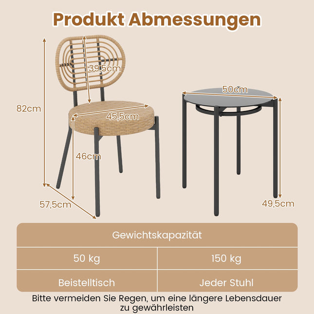 3-teilige Rattan-Gartengarnitur mit Glastisch, braun