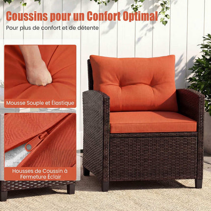 3-teiliges Rattan-Loungeset mit orangefarbenen Kissen