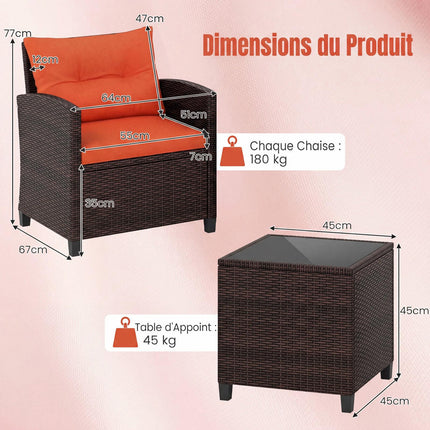 3-teiliges Rattan-Loungeset mit orangefarbenen Kissen