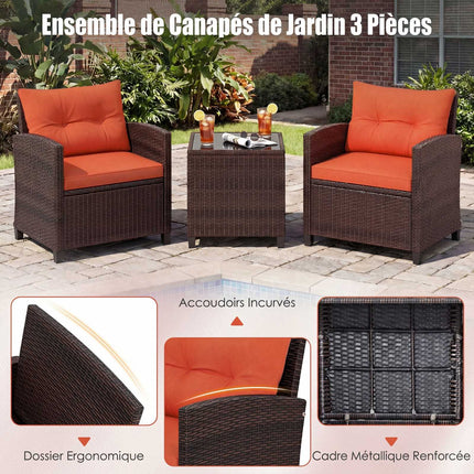 3-teiliges Rattan-Loungeset mit orangefarbenen Kissen