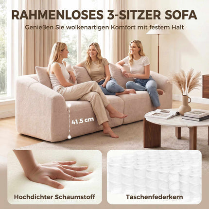 3-Seater Chenille Sofa, Beige, Extra Wide Seat, Cushions