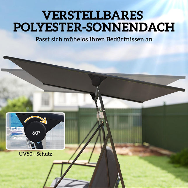3-Sitzer Hollywoodschaukel mit verstellbarem Sonnendach und Ablagen, Grau