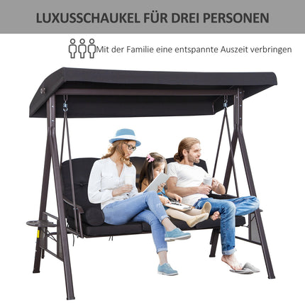Gartenschaukel 3-Sitzer mit Sonnendach und Kissen, Metall schwarz