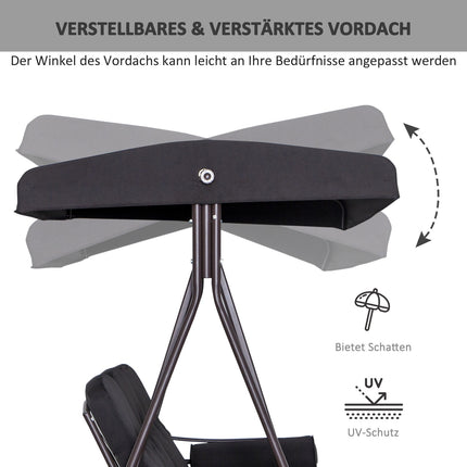 Gartenschaukel 3-Sitzer mit Sonnendach und Kissen, Metall schwarz