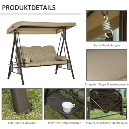 Gartenschaukel 3-Sitzer mit Sonnendach, Metallrahmen Khaki