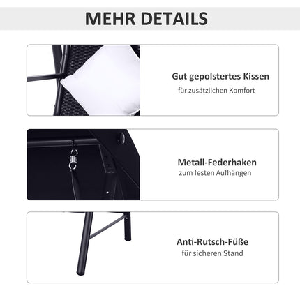 3-Sitzer Hollywoodschaukel, Polyrattan, schwarz, mit Kissen - 360 kg Tragkraft