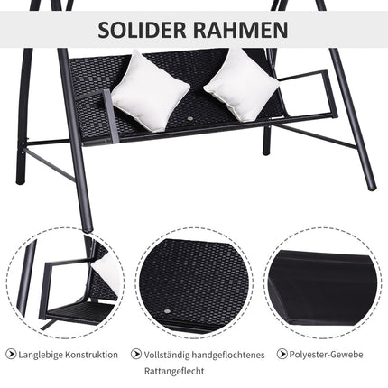 3-Sitzer Hollywoodschaukel, Polyrattan, schwarz, mit Kissen - 360 kg Tragkraft