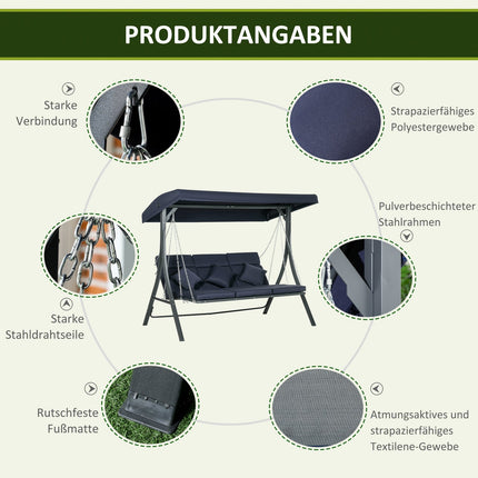 Gartenschaukel 3-Sitzer, verstellbares Sonnendach und Auflagen, Belastbarkeit 270 kg