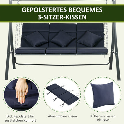 Gartenschaukel 3-Sitzer, verstellbares Sonnendach und Auflagen, Belastbarkeit 270 kg