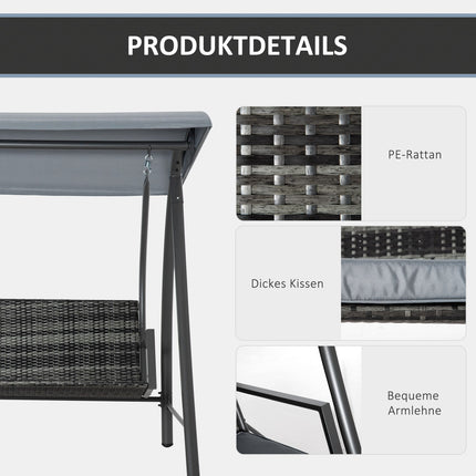3-Sitzer Hollywoodschaukel aus grauem Polyrattan mit Sonnendach