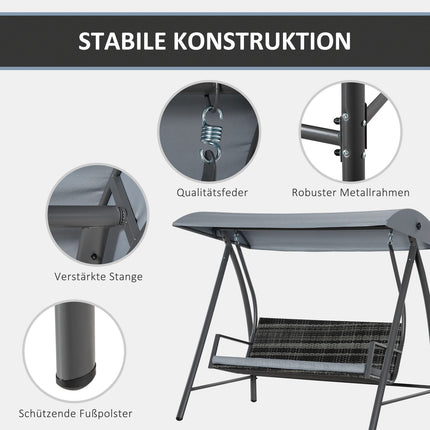 3-Sitzer Hollywoodschaukel aus grauem Polyrattan mit Sonnendach