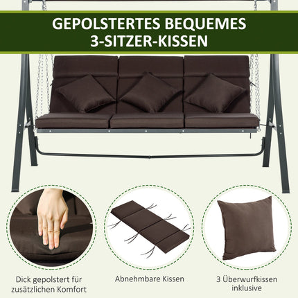 3-Sitzer Schaukelbank aus Metall mit Kissen und verstellbarem Sonnendach