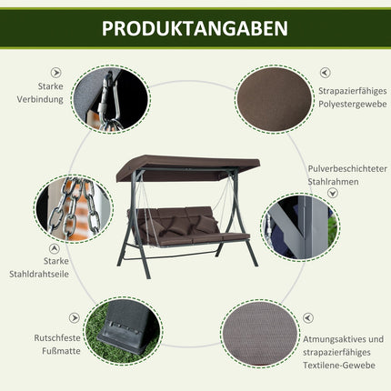 3-Sitzer Schaukelbank aus Metall mit Kissen und verstellbarem Sonnendach