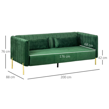 Canapé 3 places, canapé d'appoint avec 2 coussins, canapé 3 places avec accoudoirs, canapé rembourré aspect velours, 200 x 88 x 76 cm, vert