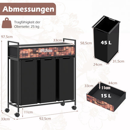 3-Section Laundry Cart with Removable Bags and Drawers