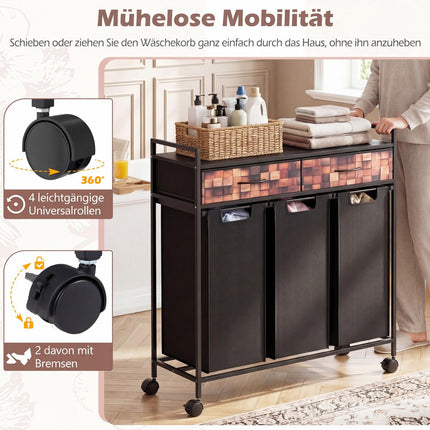 3-Section Laundry Cart with Removable Bags and Drawers