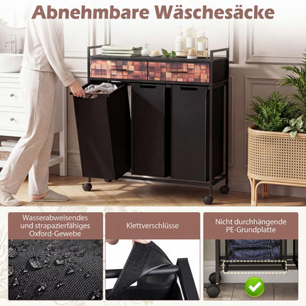 3-Section Laundry Cart with Removable Bags and Drawers