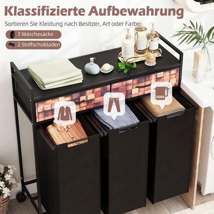 3-Section Laundry Cart with Removable Bags and Drawers