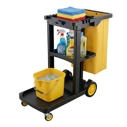 3-Shelf Cleaning Trolley with Bin Bag, Black-Yellow
