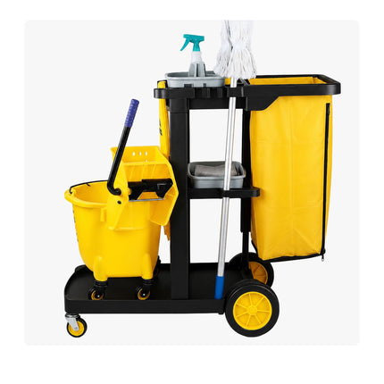 3-Shelf Cleaning Trolley with Bin Bag, Black-Yellow
