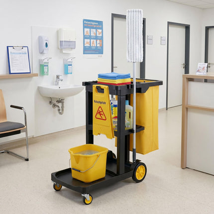 3-Shelf Cleaning Trolley with Bin Bag, Black-Yellow