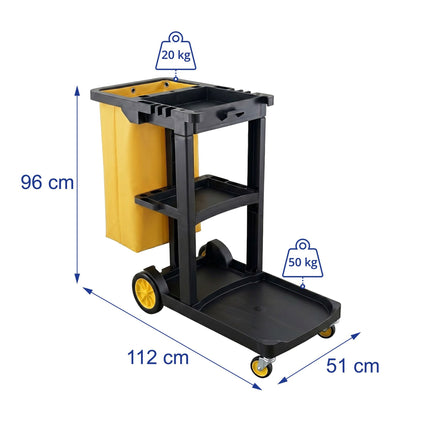 3-Shelf Cleaning Trolley with Bin Bag, Black-Yellow
