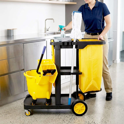 3-Shelf Cleaning Trolley with Bin Bag, Black-Yellow