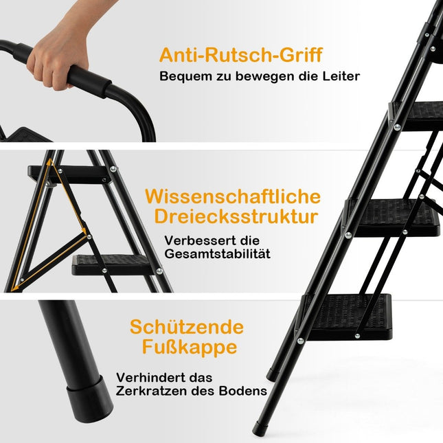 3-stufige Klappleiter, rutschfest, Metall, Schwarz