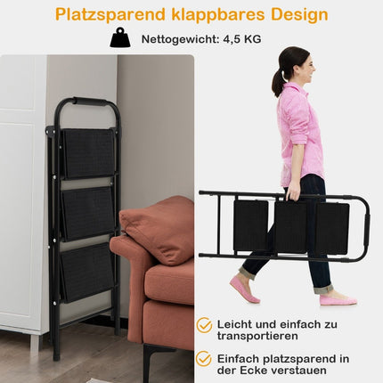 3stupňový skládací žebřík, protiskluzový, kovový, černý