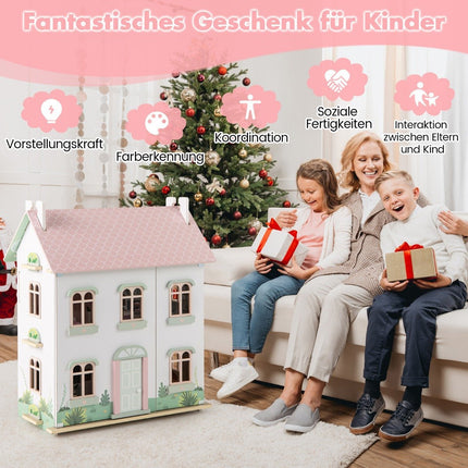 3-Story Wooden Dollhouse with Reversible Roofs & Doors