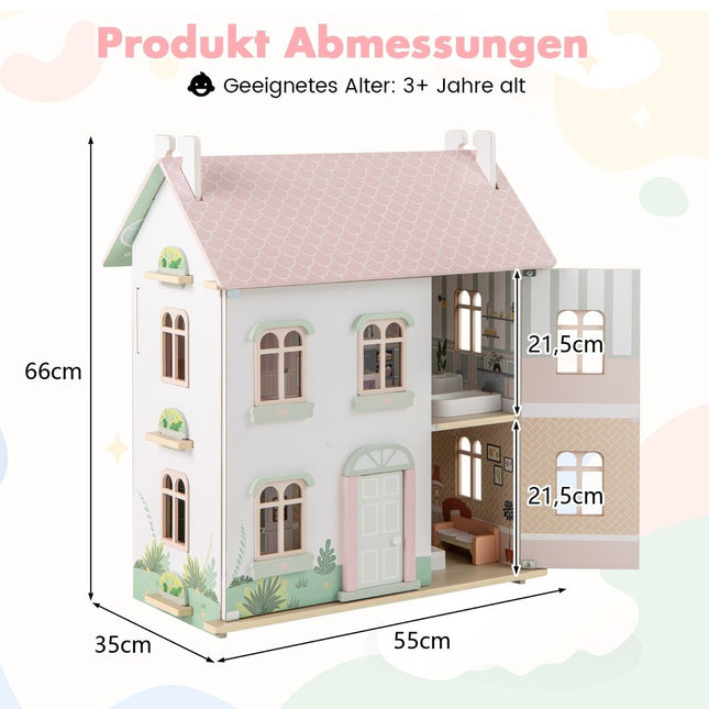3-stöckiges Holzpuppenhaus mit beidseitig verwendbaren Dächern und Türen