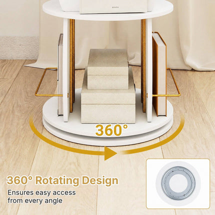 3-Tier 360° Spinning Bookshelf Tower with Display Stands, White & Golden