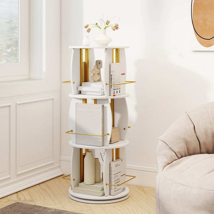 3-Tier 360° Spinning Bookshelf Tower with Display Stands, White & Golden