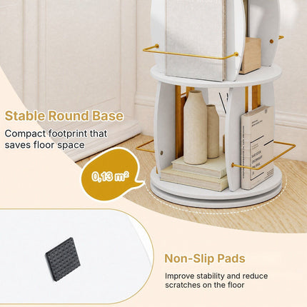 3-Tier 360° Spinning Bookshelf Tower with Display Stands, White & Golden