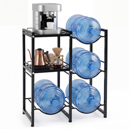 3-Tier 5 Gallon Water Jug Holder with 2 Storage Shelves, Black, 4 Bottle Slots